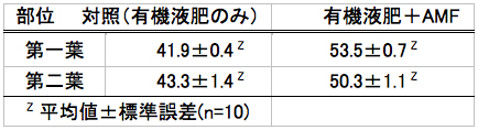 表-7　有機液肥と菌根菌がハンダマの葉色(SPAD)に及ぼす影響